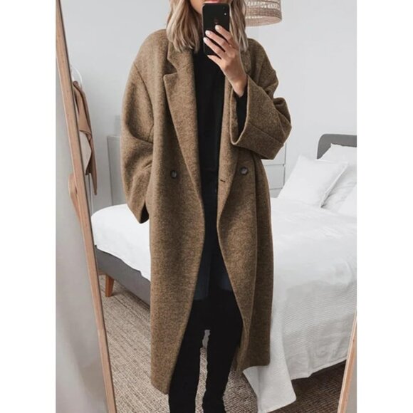 Women's Brown Winter Double Breasted Wool Coat Long Sleeve Long Trench Coat - Picture 2 of 3